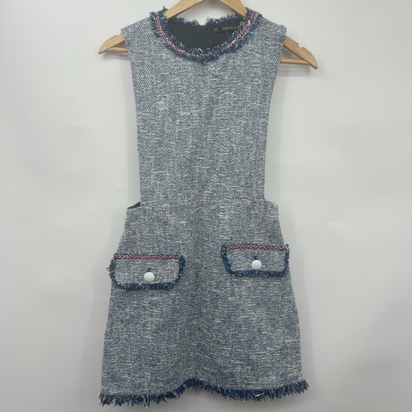 Zara Tweed Pinafore Dress Women’s XS Retro Style Apron Dress Fray Hem - Picture 2 of 13